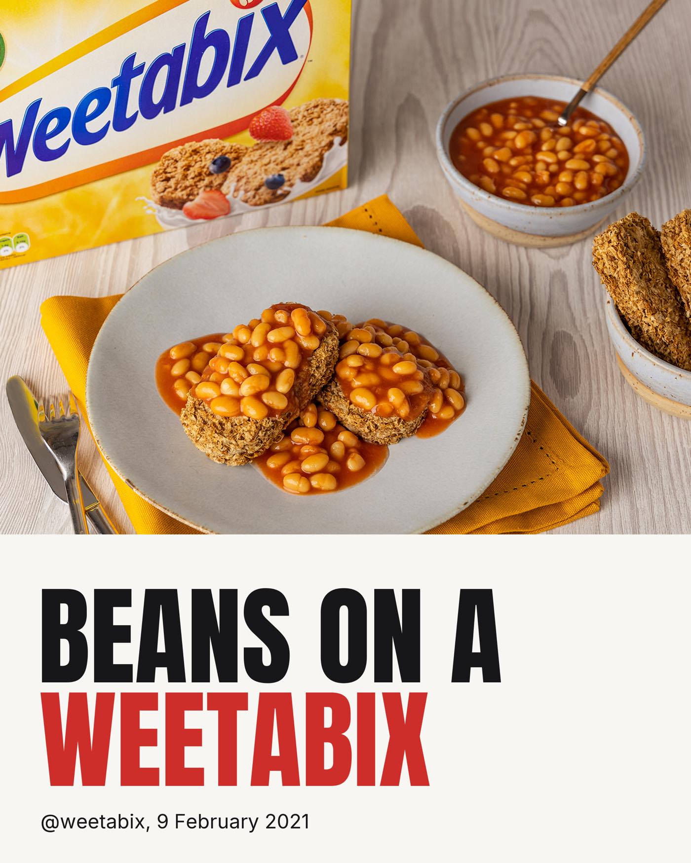 Beans on a Weetabix, the original campaign photo from 9 February 2021