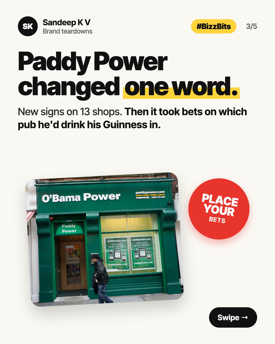 Paddy Power changed one word. New signs on 13 shops, then bets on which pub he would drink his Guinness in