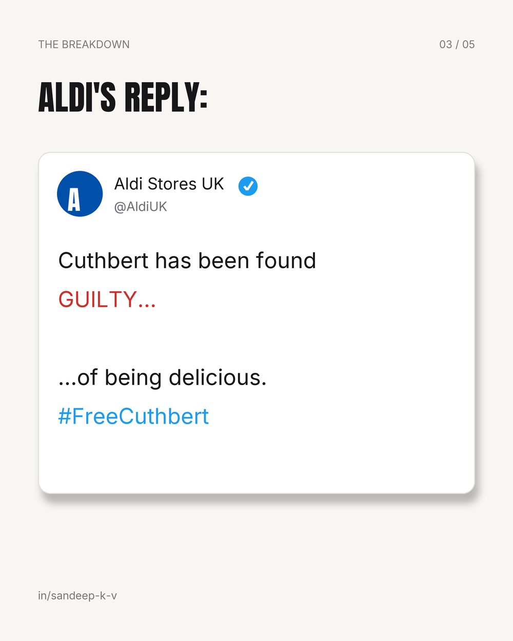 Aldi did not lawyer up, it logged on: Cuthbert found guilty of being delicious