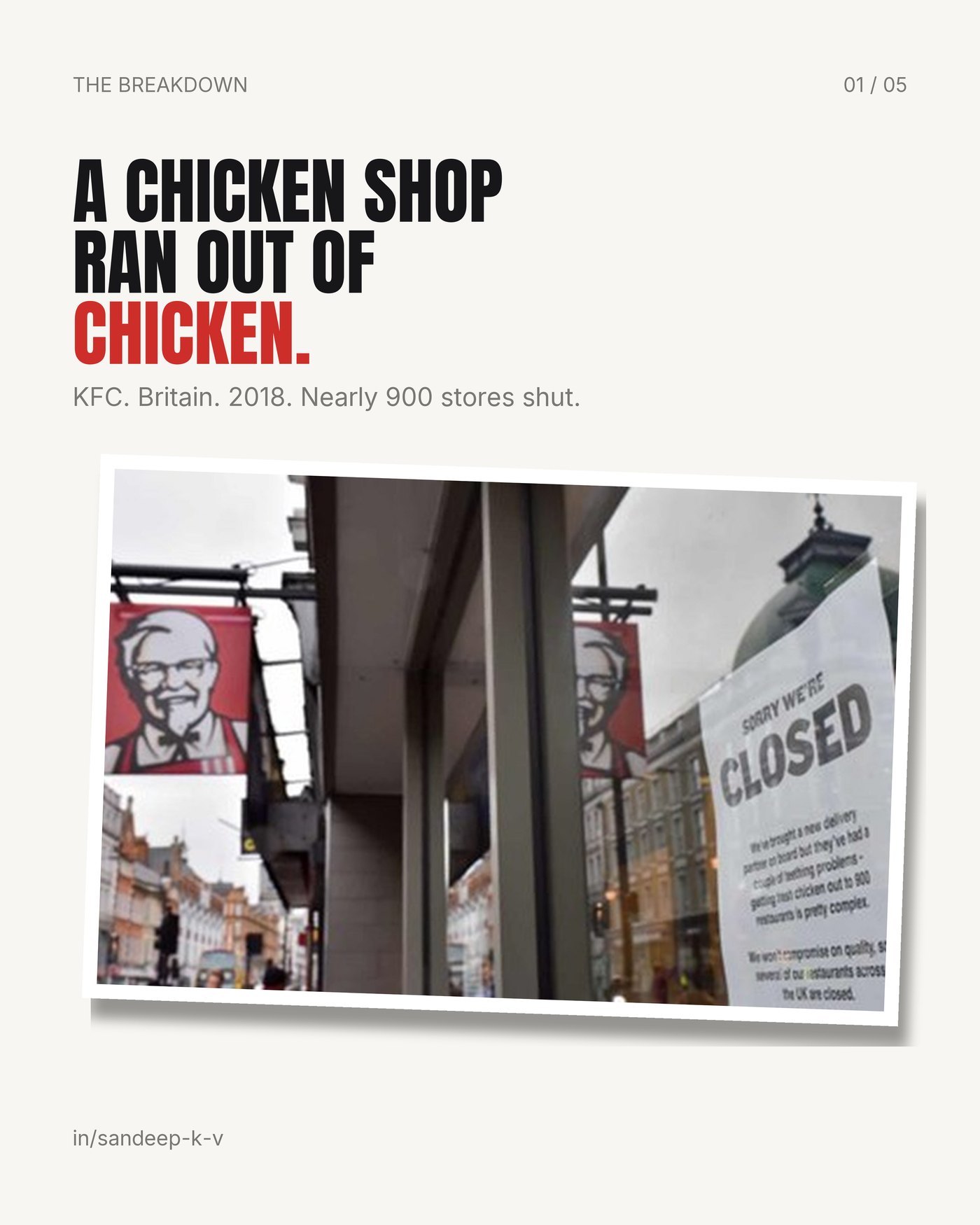 A chicken shop ran out of chicken, KFC 2018