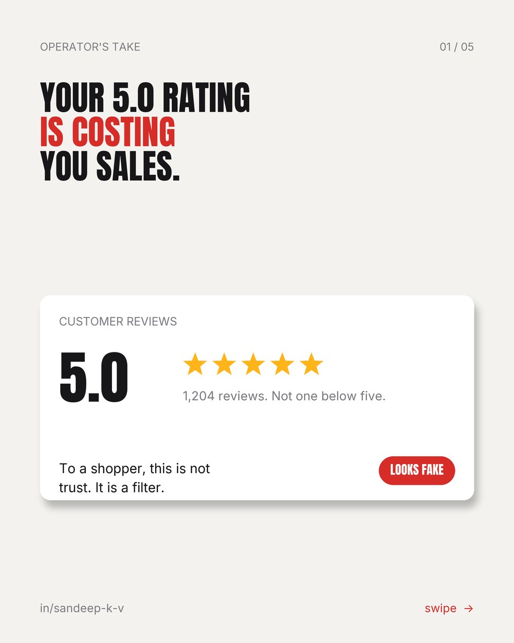 Your 5.0 rating is costing you sales, it looks fake