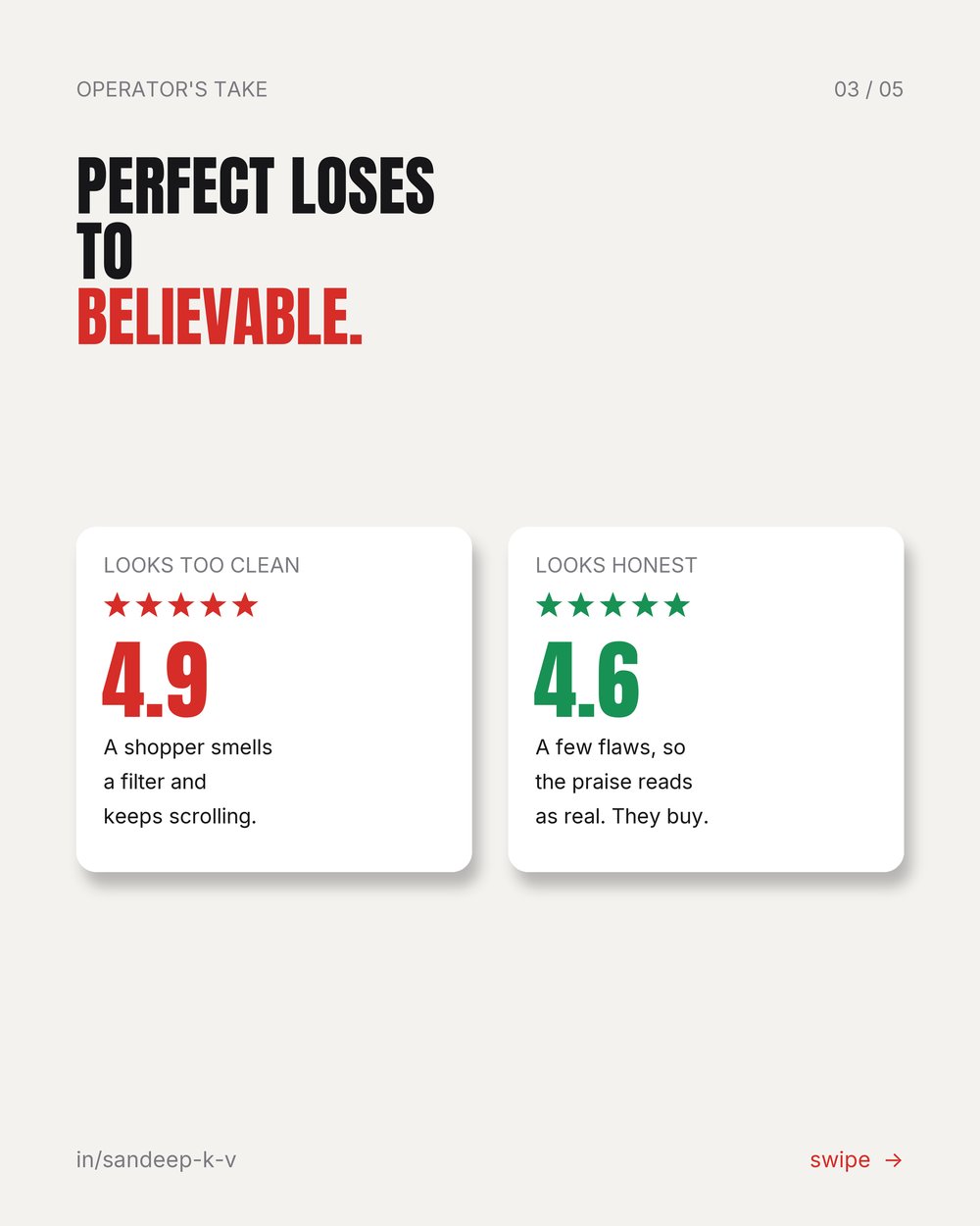 Perfect loses to believable: 4.9 looks too clean, 4.6 looks honest