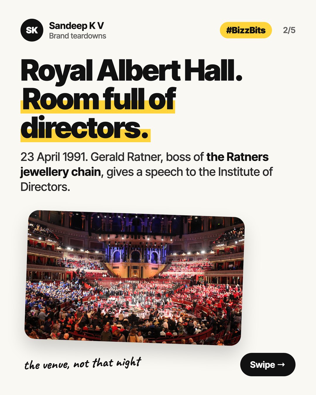Royal Albert Hall, room full of directors. 23 April 1991, Gerald Ratner speaks to the Institute of Directors
