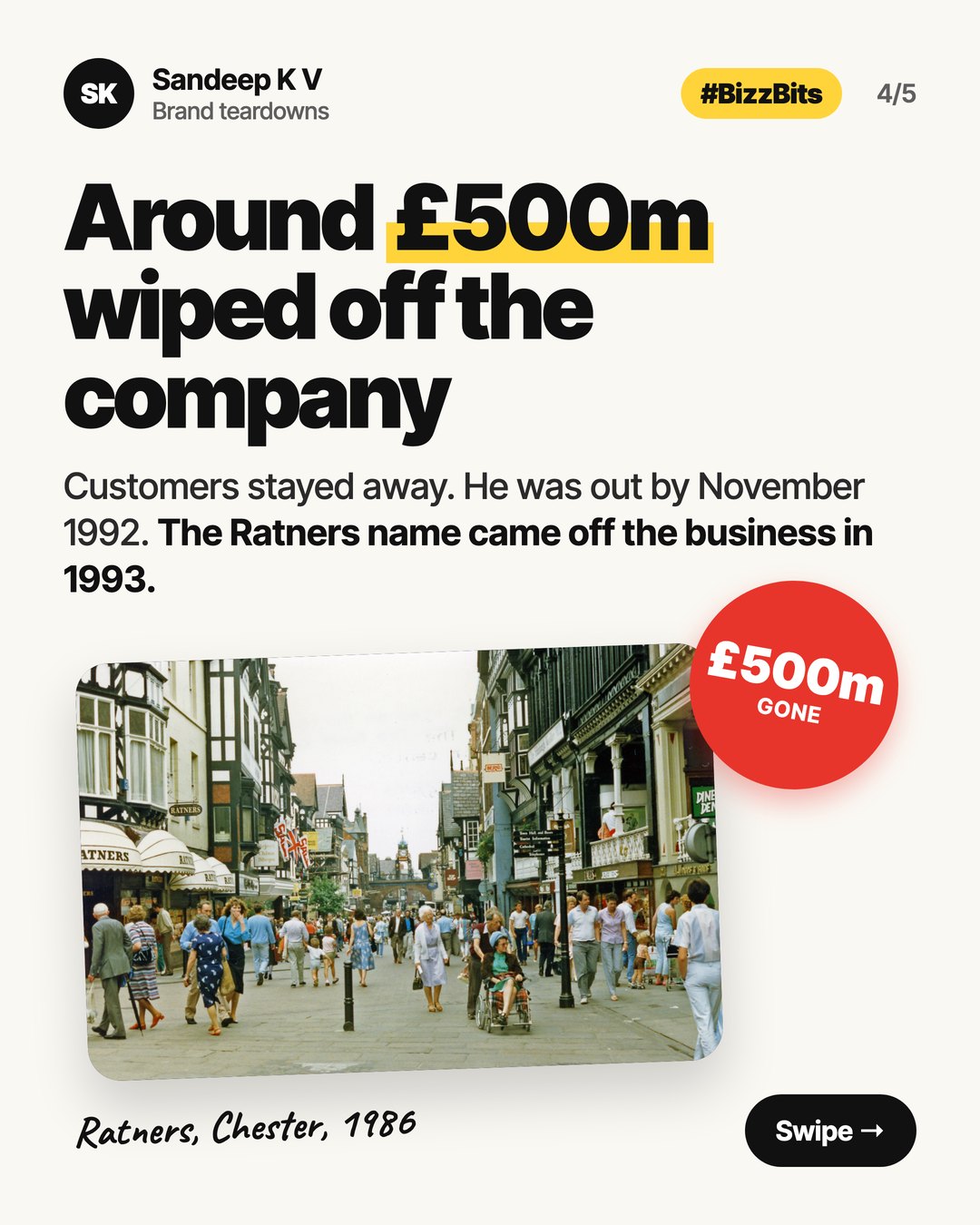 Around £500m wiped off the company. He was out by November 1992 and the Ratners name came off the business in 1993