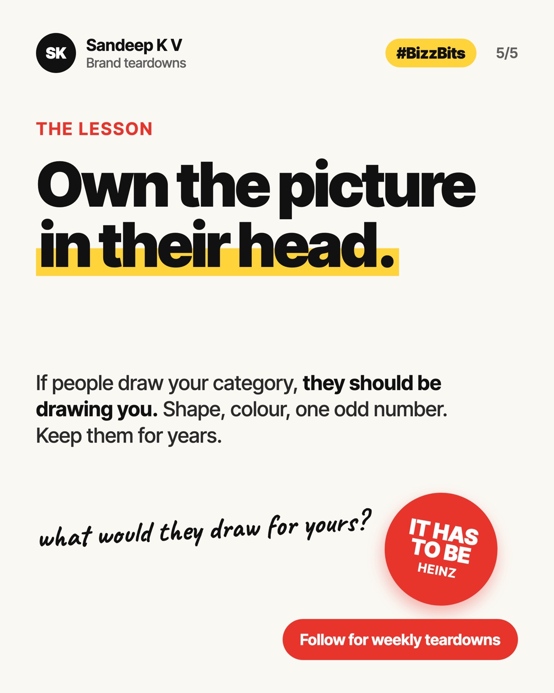 The lesson: own the picture in their head. Shape, colour, one odd number. Keep them for years