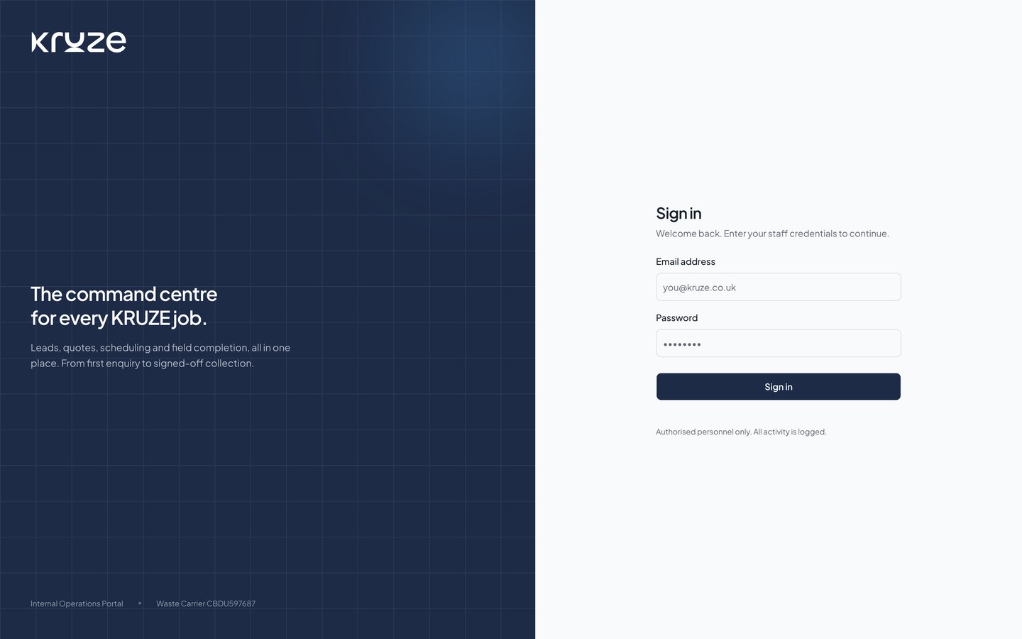 The Kruze operations CRM I built, one command centre from first enquiry to signed-off job