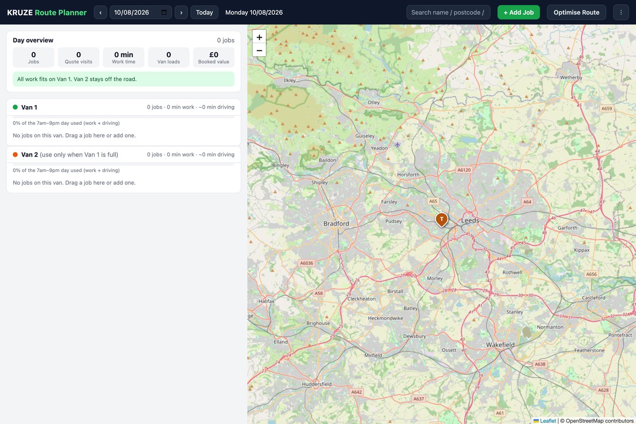 The Kruze Route Planner I built, two-van allocation and route optimisation on a live Leeds map