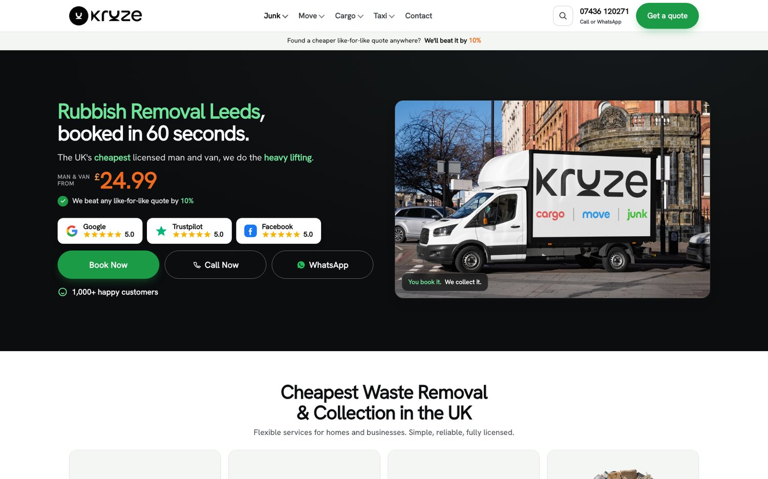 The Kruze booking website that I built, showing instant quotes and live tracking